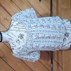 American Eagle Floral Stripe Off Shoulder Crop Blouse XL Green Puff Sleeve Top